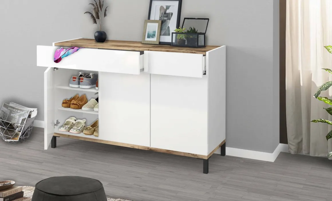 Bagno|Lavanderia > Dmora Scarpiera 3 ante e 2 cassetti bianca lucida e ardesia 120x80h cm - Syria Grigio Ardesia, Bianco Lucido