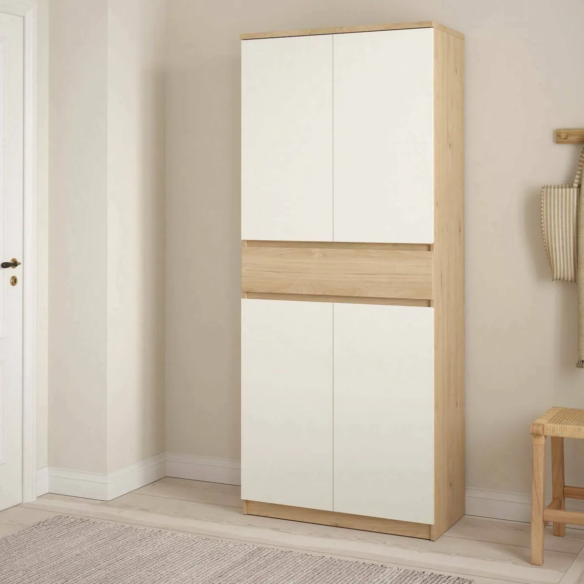 Scarpiere > Dmora Scarpiera 4 ante e 1 cassetto rovere e bianca 80x191h cm - Jangmi Bianco, Marrone Rovere