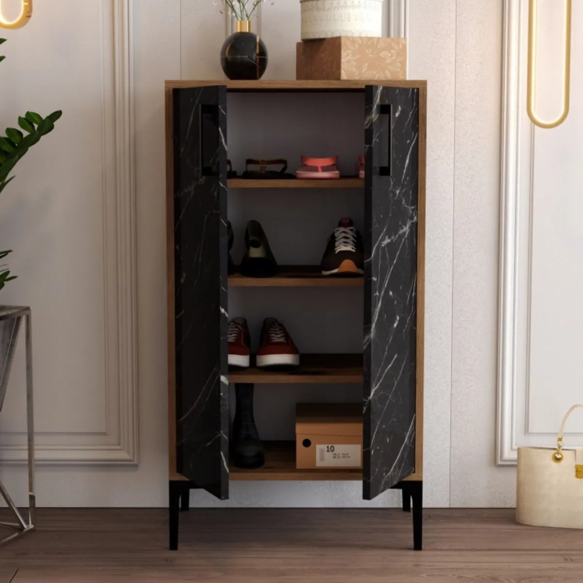 Scarpiere > Dmora Scarpiera 2 ante noce e nera 60x111h cm - Ngerulmud Nero, Marrone Noce