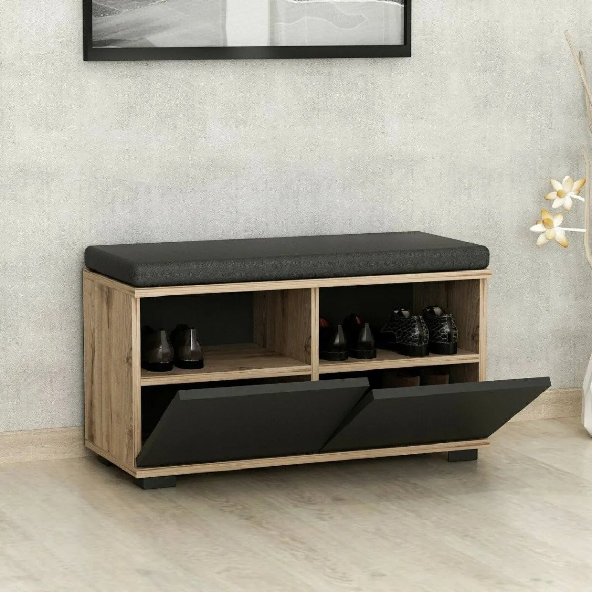 Scarpiera 2 ante noce e nera 80x42h cm - Delphin