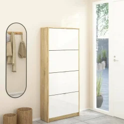 Scarpiere|Lavanderia > Dmora Scarpiera 4 ante quercia e bianca lucida 98x123h cm - Abastract Bianco Lucido, Marrone Quercia