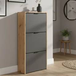 Bagno|Scarpiere > Dmora Scarpiera 3 ante rovere e antracite 54x110h cm - Ponente Nero Antracite, Marrone Rovere