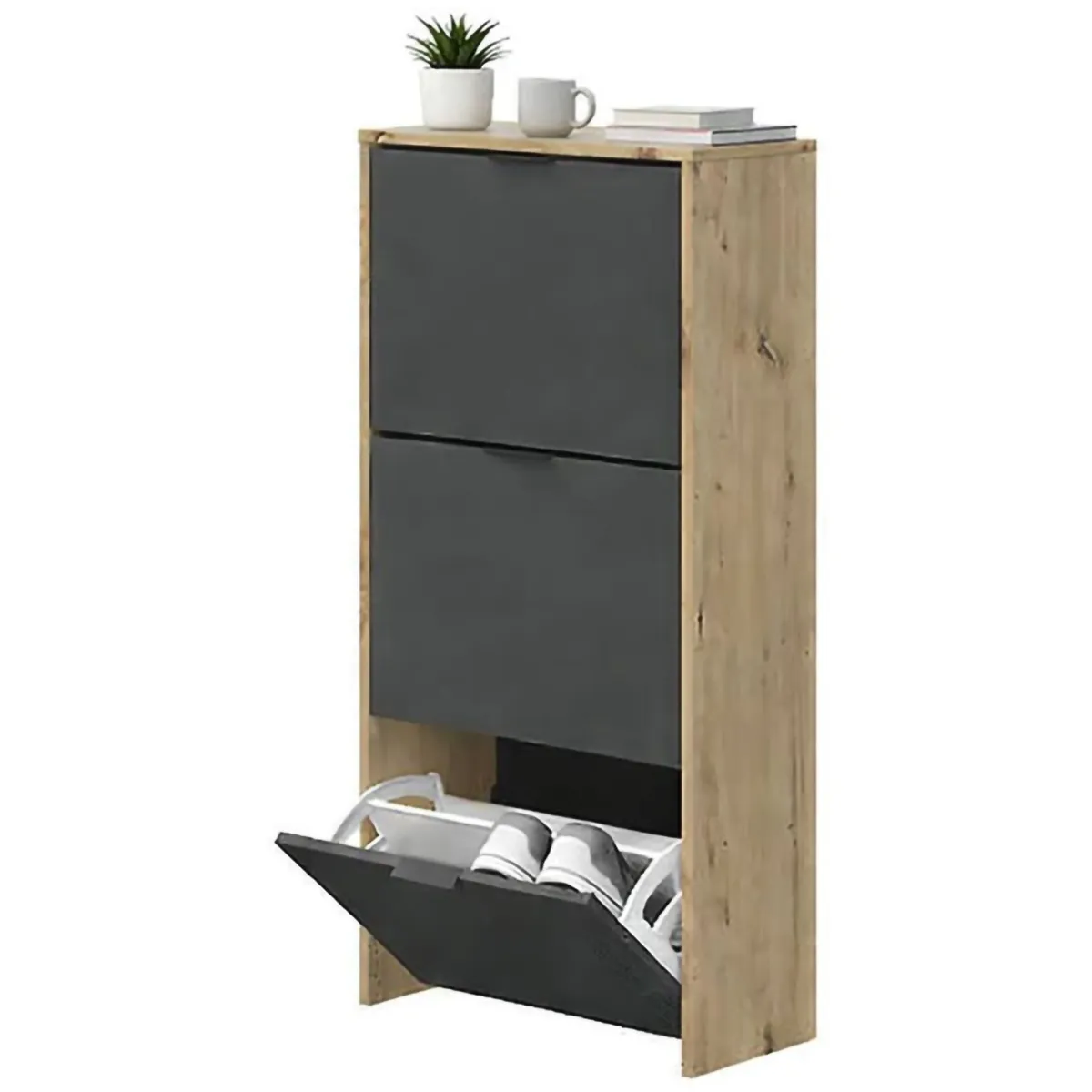 Bagno|Scarpiere > Dmora Scarpiera 3 ante rovere e antracite 54x110h cm - Ponente Nero Antracite, Marrone Rovere