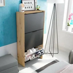 Bagno|Scarpiere > Dmora Scarpiera 3 ante rovere e antracite 54x110h cm - Ponente Nero Antracite, Marrone Rovere