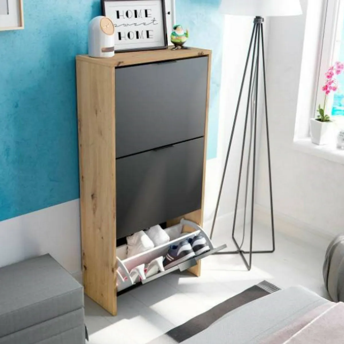 Bagno|Scarpiere > Dmora Scarpiera 3 ante rovere e antracite 54x110h cm - Ponente Nero Antracite, Marrone Rovere