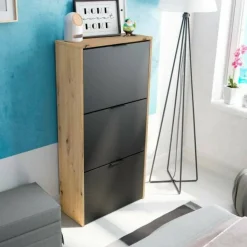 Bagno|Scarpiere > Dmora Scarpiera 3 ante rovere e antracite 54x110h cm - Ponente Nero Antracite, Marrone Rovere
