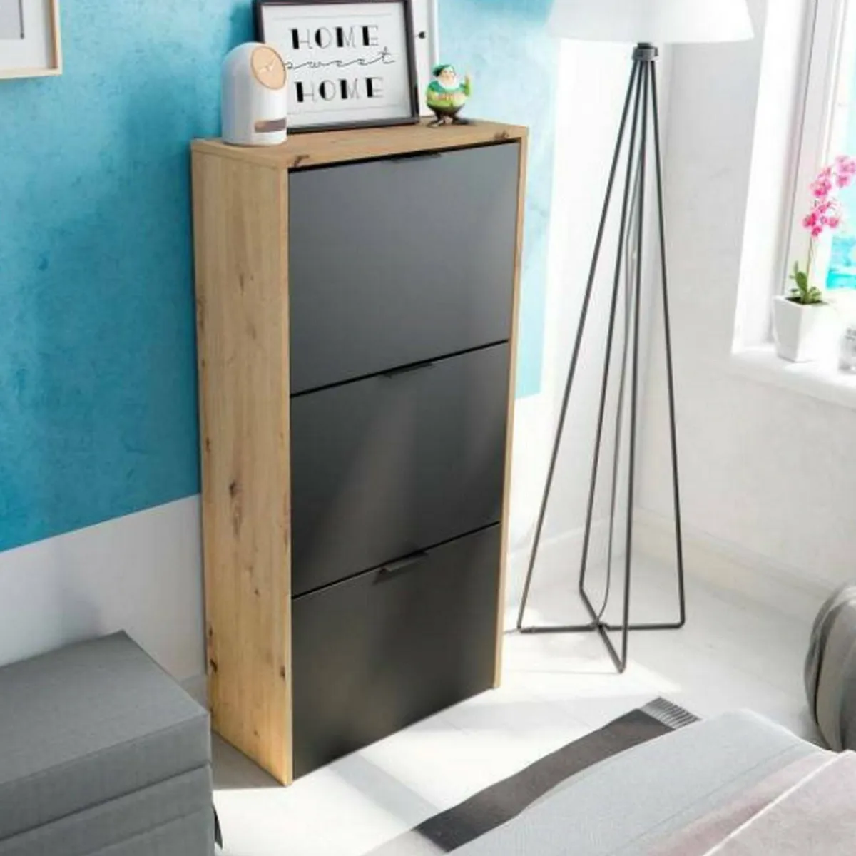 Bagno|Scarpiere > Dmora Scarpiera 3 ante rovere e antracite 54x110h cm - Ponente Nero Antracite, Marrone Rovere