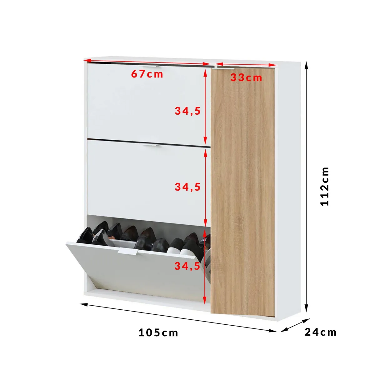 Bagno|Scarpiere > Dmora Scarpiera 4 ante rovere e bianca lucida 105x112h cm - Angor Bianco Lucido, Marrone Rovere