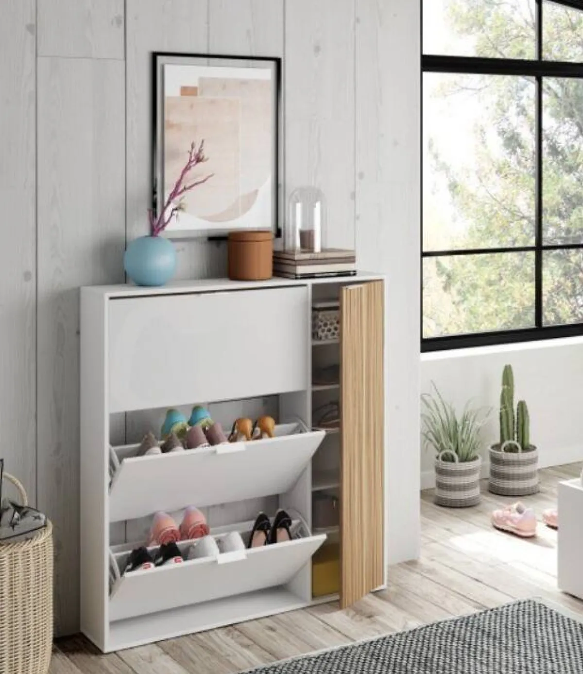 Bagno|Scarpiere > Dmora Scarpiera 4 ante rovere e bianca lucida 105x112h cm - Angor Bianco Lucido, Marrone Rovere