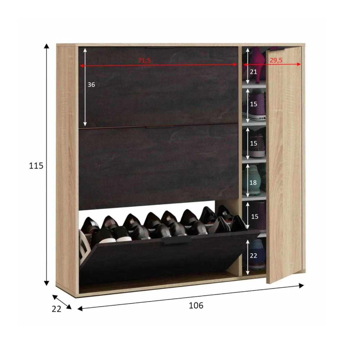 Scarpiera 4 ante rovere e nera 106x115h cm - Ammour