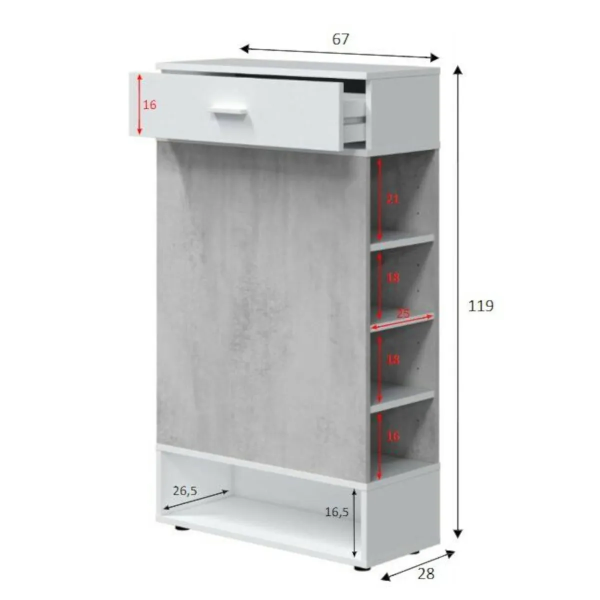 Bagno|Scarpiere > Dmora Scarpiera aperta con 1 cassetto cemento e bianca 67x119h cm - Idea Bianco, Grigio Cemento
