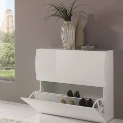 Bagno|Lavanderia > Dmora Scarpiera arrotondata 2 ante bianca lucida 101x82h cm 16 paia - Ape Bianco Lucido