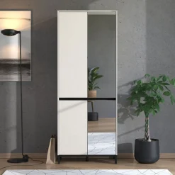 Scarpiera Beige Rovere Nodi Nero 9 Ripiani con Specchio 80x40x205.5h cm, 4 Ante - Scansano