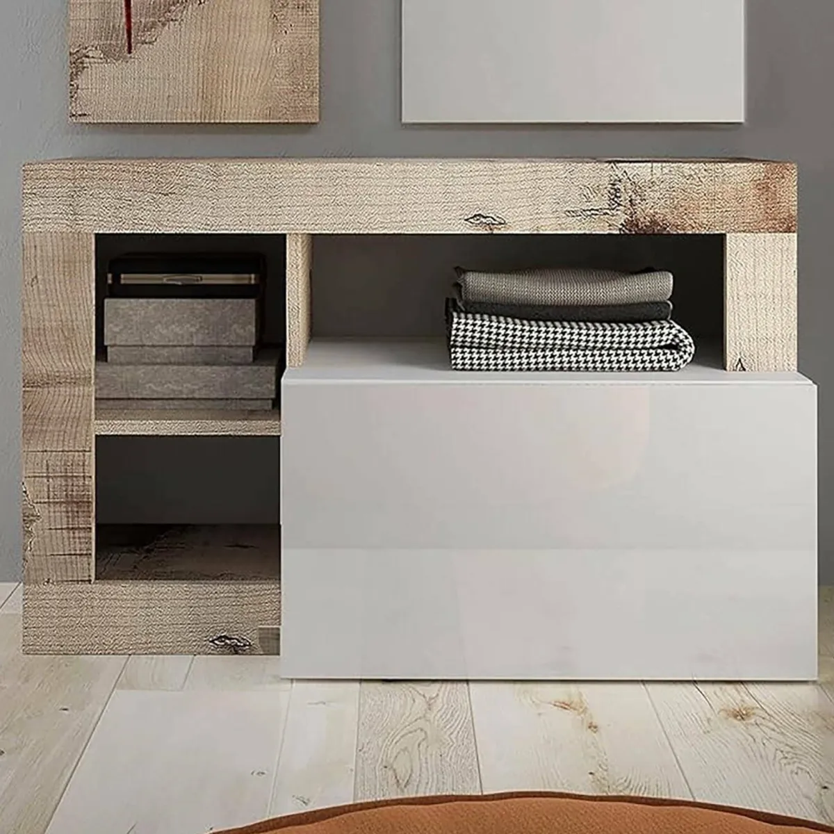 Scarpiere > Dmora Scarpiera bianca lucida e acacia 91x58h cm - Adonide Marrone Acacia, Bianco Lucido
