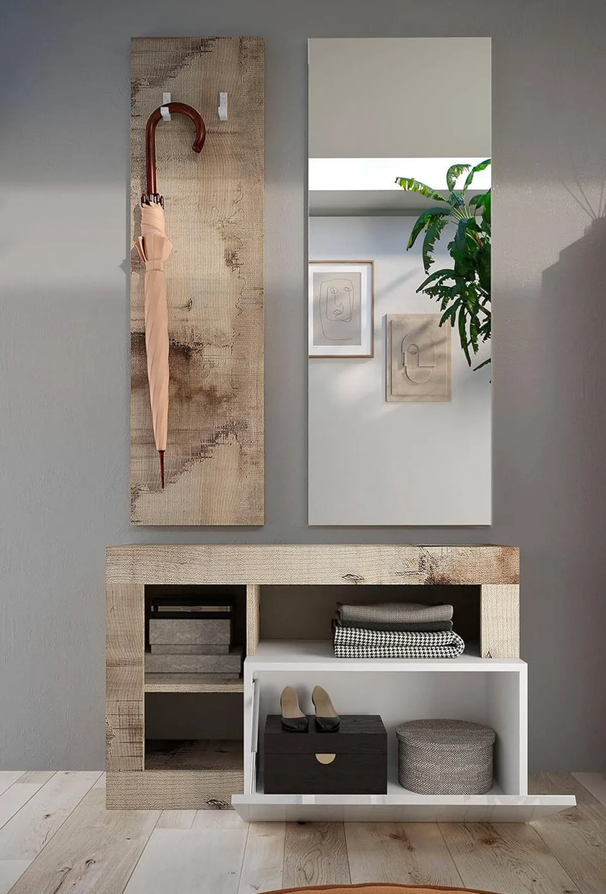 Scarpiere > Dmora Scarpiera bianca lucida e acacia 91x58h cm - Adonide Marrone Acacia, Bianco Lucido