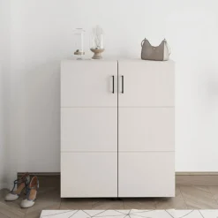 Scarpiera Bianco Crema 9 Ripiani 2 Ante 92x33x113h cm, Ante con Doppia Capienza, Apertura con Ruote - Ystad
