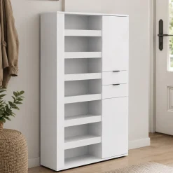 Scarpiera Bianco Lucido 2 Cassetti 8 Ripiani 120x35x178h cm, 28 Paia - Rotondo