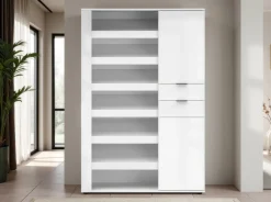 Scarpiera Bianco Lucido 2 Cassetti 8 Ripiani 120x35x178h cm, 28 Paia - Rotondo