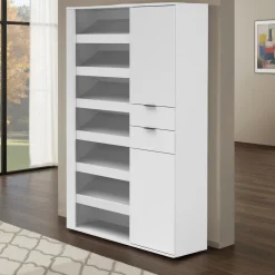 Scarpiera Bianco Lucido 2 Cassetti 8 Ripiani 120x35x178h cm, 28 Paia - Rotondo