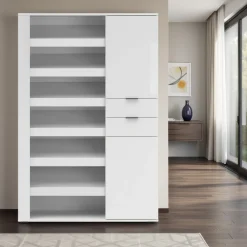 Scarpiera Bianco Lucido 2 Cassetti 8 Ripiani 120x35x178h cm, 28 Paia - Rotondo