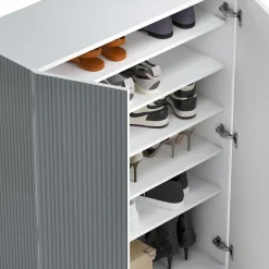 Scarpiera Bianco Lucido Grigio 5 Ripiani 20 Paia 87x34x115h cm, 6 Vani - Caresana