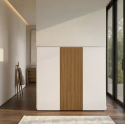 Scarpiere > Dmora Scarpiera Bianco Lucido Marrone Rovere 10 Ripiani 24 Paia 120x34x115h cm, 3 Ante - Palasio Marrone Rovere, Bianco Lucido