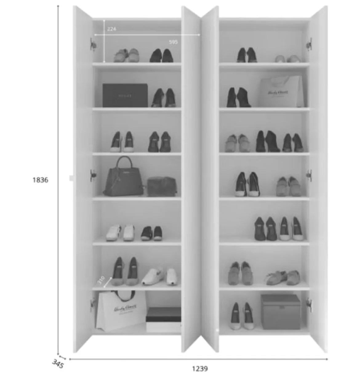Scarpiera Bianco Lucido 12 Ripiani 42 Paia 126x35x186h cm, 14 Vani - Spessa