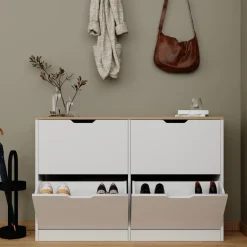 Scarpiera Bianco Marrone Rovere 4 Ripiani 12 Paia 121x30x79h cm, 4 Ante - Invorio
