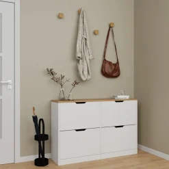 Scarpiera Bianco Marrone Rovere 4 Ripiani 12 Paia 121x30x79h cm, 4 Ante - Invorio