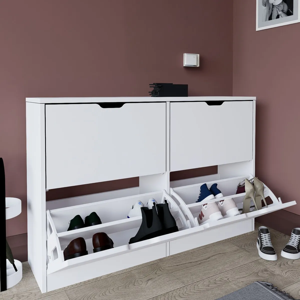 Scarpiere > Dmora Scarpiera 8 Ripiani 24 Paia 121x30x79h cm, 4 Ante - Greccio Bianco