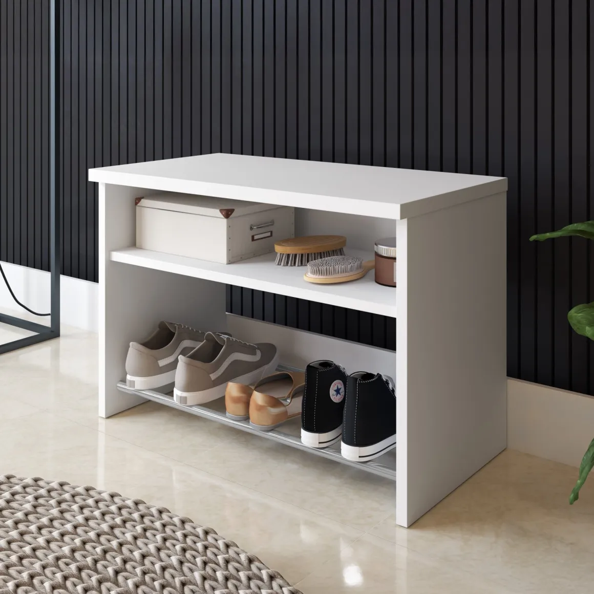 Scarpiera Bianco un Ripiano 2 Vani 65x35x45h cm, Installazione a Terra - Monguzzo