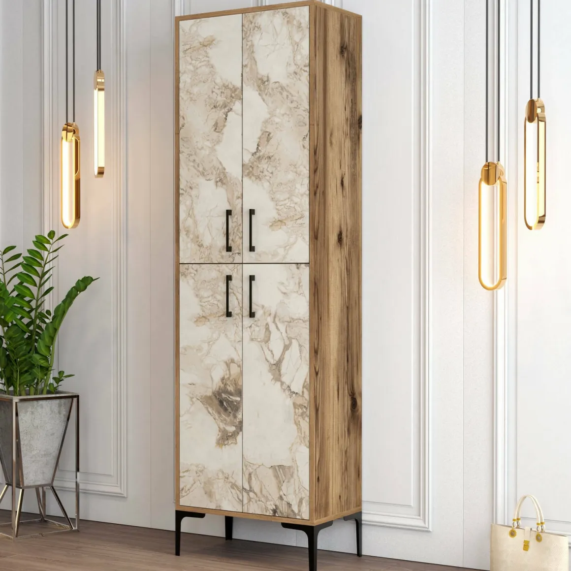 Scarpiera Dolivier, 60x35h200 cm, Noce e Bianco Marmo