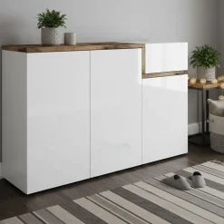 Bagno|Scarpiere > Dmora Scarpiera elegante 4 ante bianca lucida e acero 120x80h cm - Anist Marrone Acero, Bianco Lucido