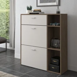 Scarpiera Marrone Noce Beige 90x26x102h cm, un Cassetto - Samassi