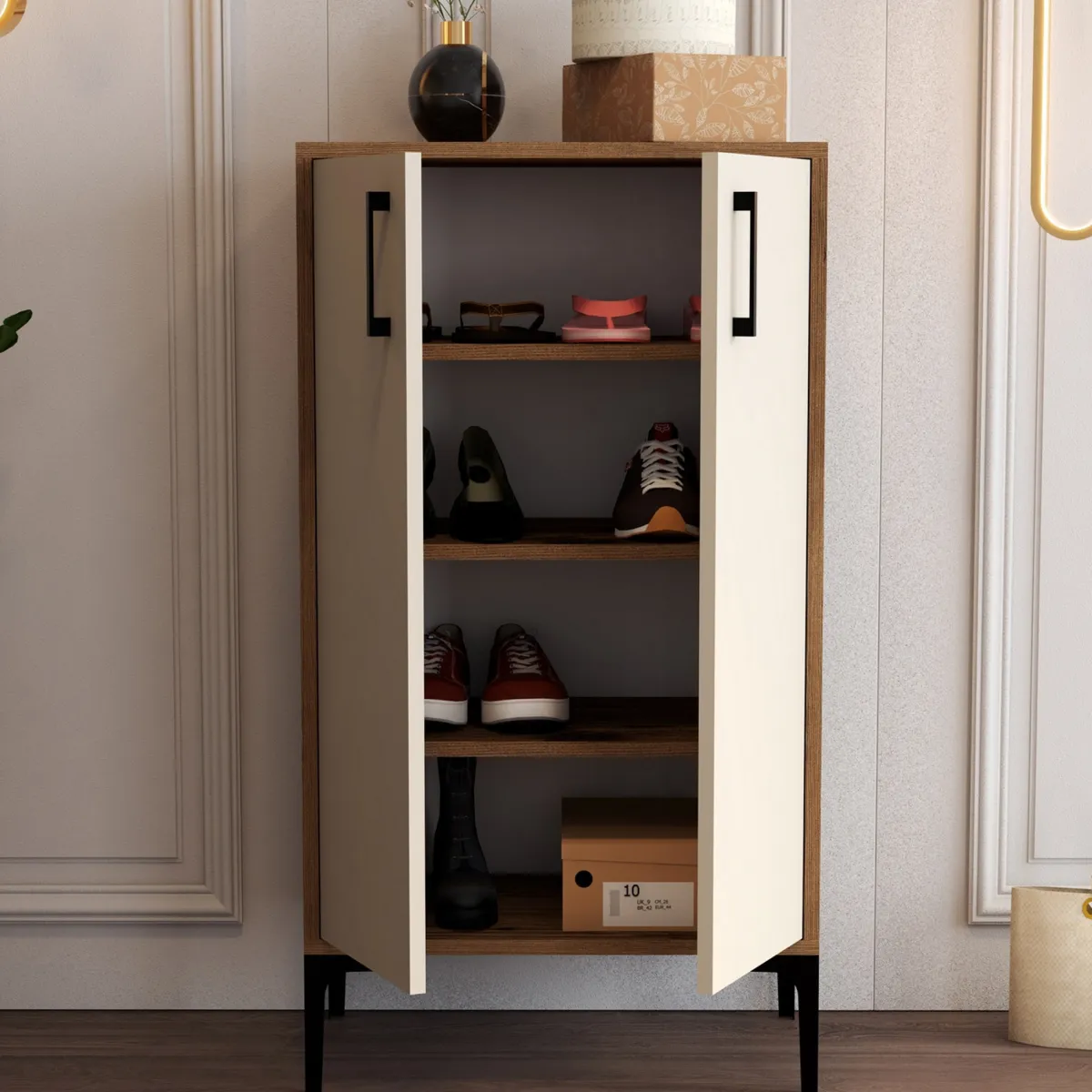 Scarpiere > Dmora Scarpiera Marrone Noce Bianco 4 Ripiani 8 Paia 60x35x111h cm, 2 Ante - Cavalieri Bianco, Marrone Noce