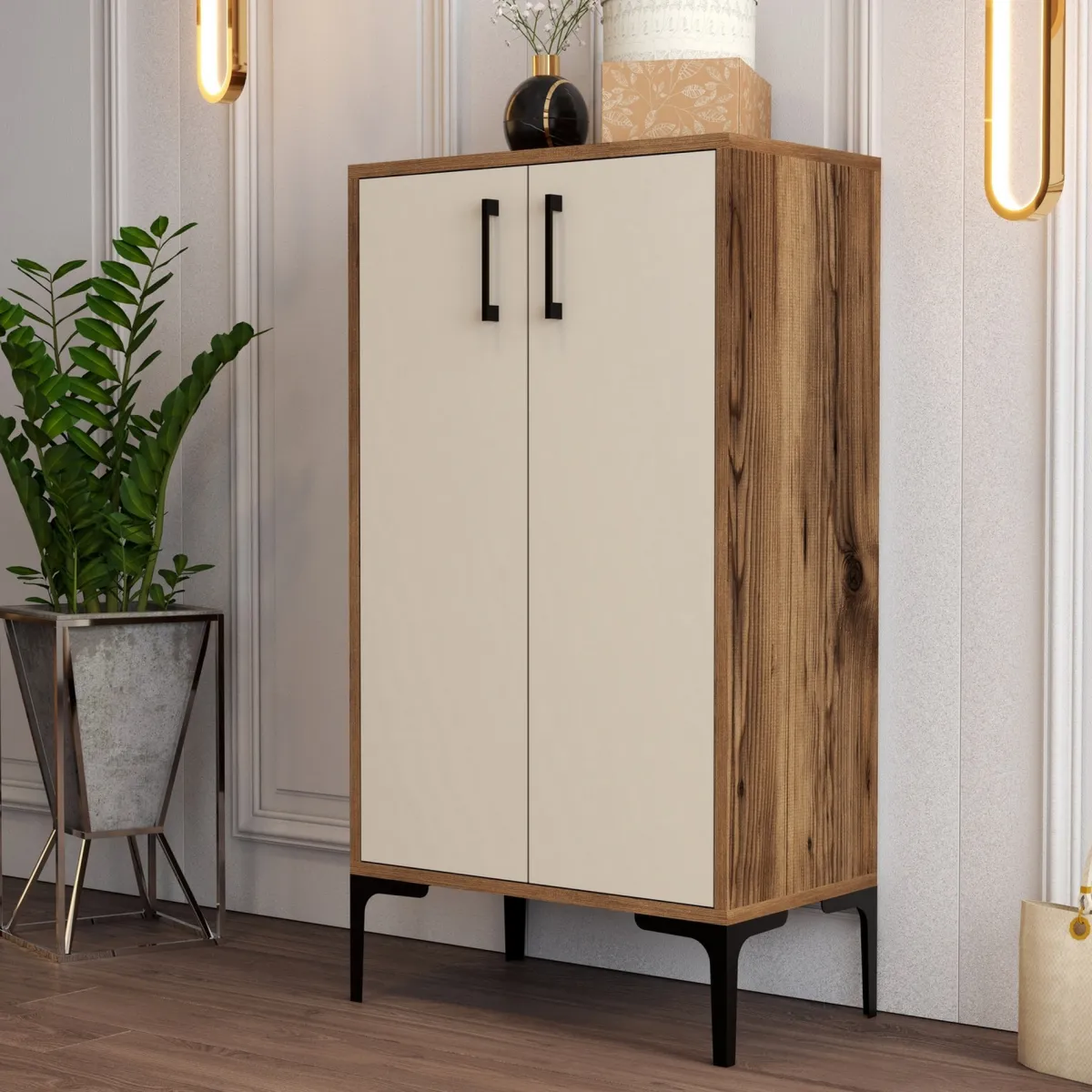 Scarpiere > Dmora Scarpiera Marrone Noce Bianco 4 Ripiani 8 Paia 60x35x111h cm, 2 Ante - Cavalieri Bianco, Marrone Noce