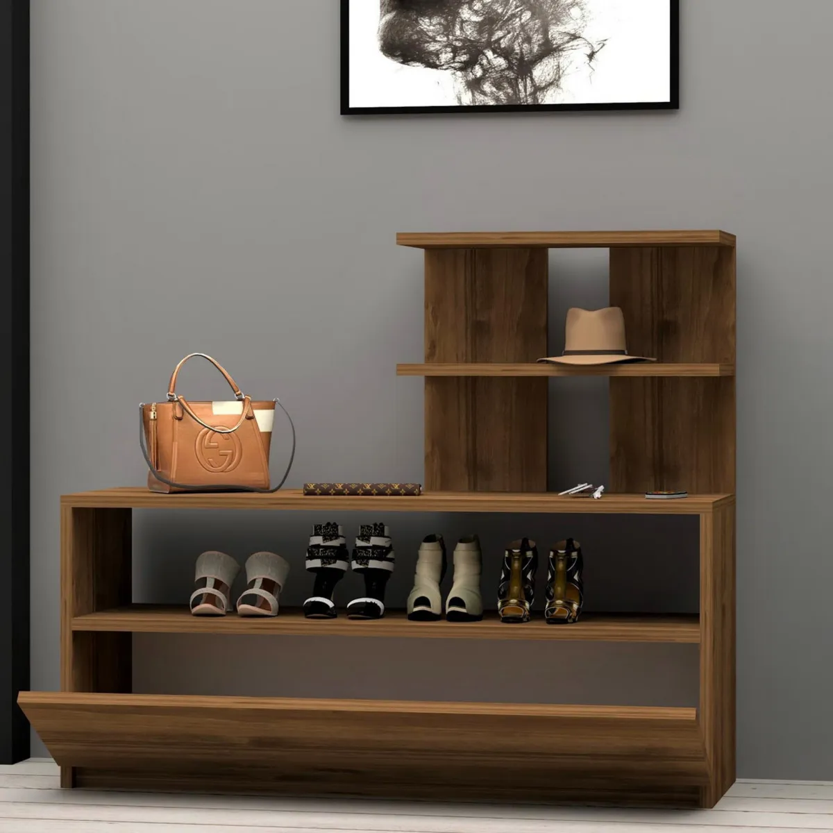 Scarpiere > Dmora Scarpiera 4 Ripiani 12 Paia 100x30x85h cm, Un'anta - Sinni Marrone Noce