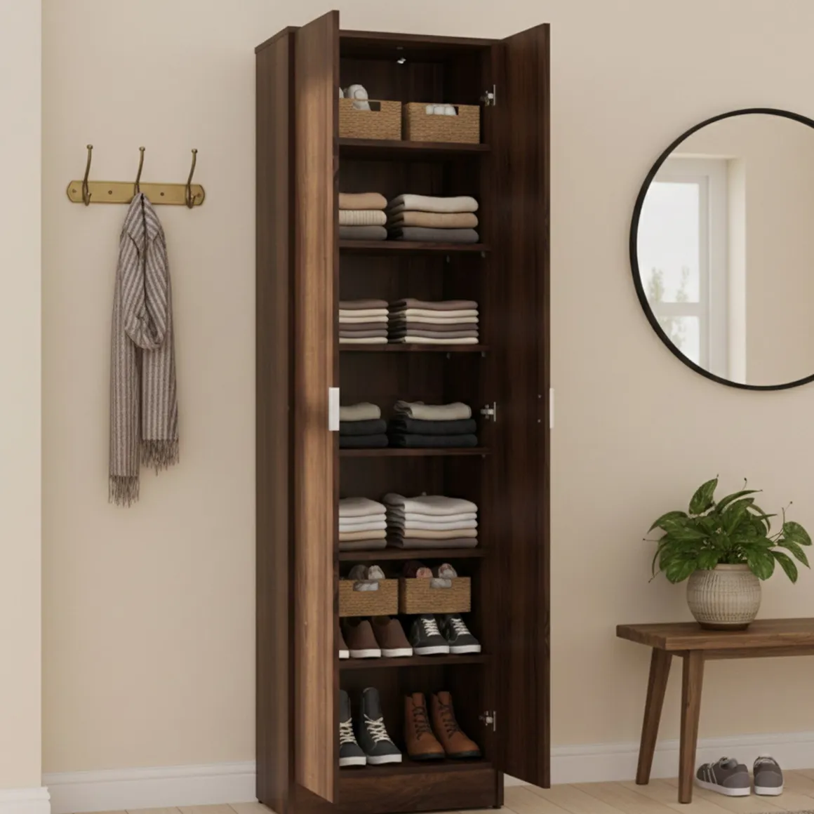Scarpiera Marrone Noce 6 Ripiani 2 Ante 60x33x191.5h cm, Maniglie Incluse - Delizia