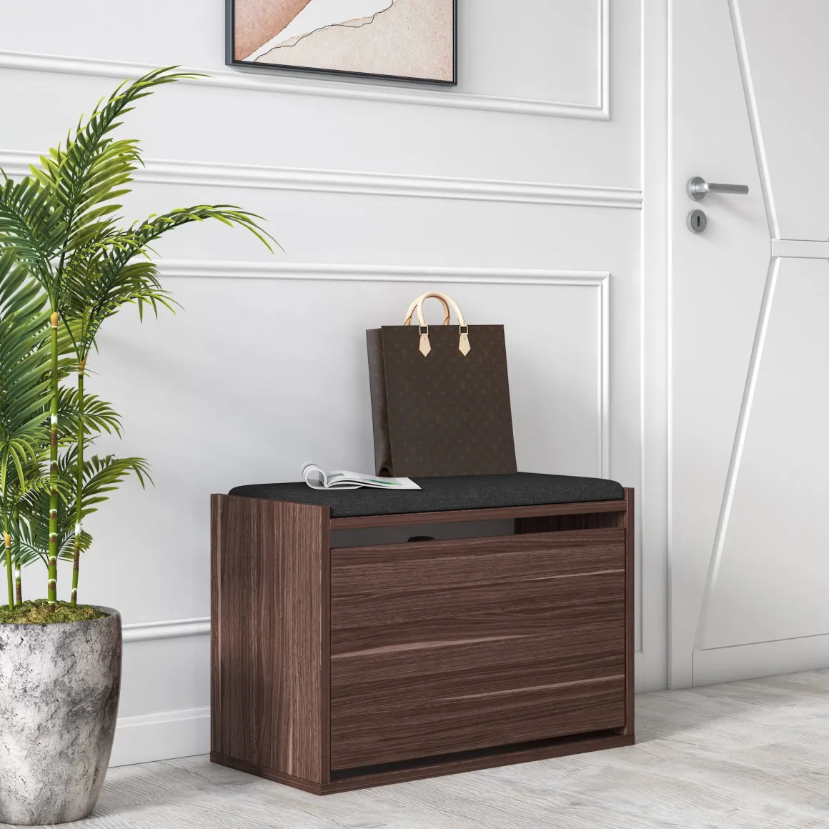 Scarpiera Marrone Noce un Ripiano 2 Vani 65x43.5x32h cm, Un'anta