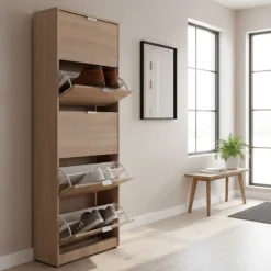 Scarpiera Marrone Quercia 10 Ripiani 5 Ante 67x28x191.5h cm, Maniglie Incluse - Sueglio