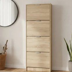 Scarpiere > Dmora Scarpiera un Ripiano 4 Ante 58x18x155.5h cm, kit Fissaggio a Muro Incluso - Pesche Marrone Rovere chiaro