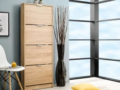 Scarpiere > Dmora Scarpiera un Ripiano 4 Ante 58x18x155.5h cm, kit Fissaggio a Muro Incluso - Pesche Marrone Rovere chiaro