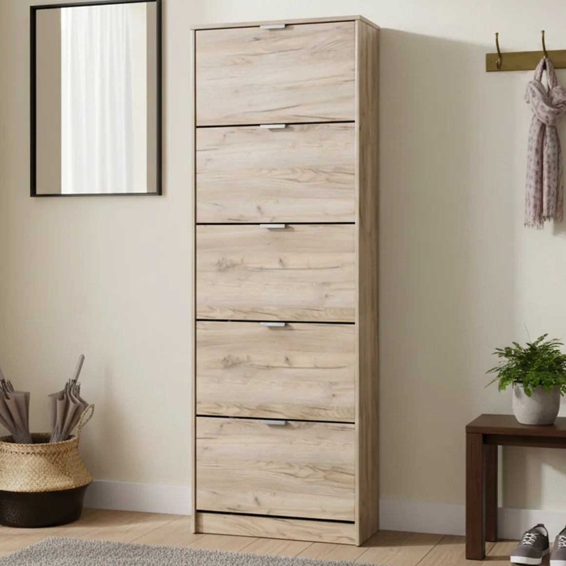 Scarpiera Marrone Rovere Grigio 10 Ripiani 5 Ante 67x28x191.5h cm, Maniglie Incluse - Sueglio