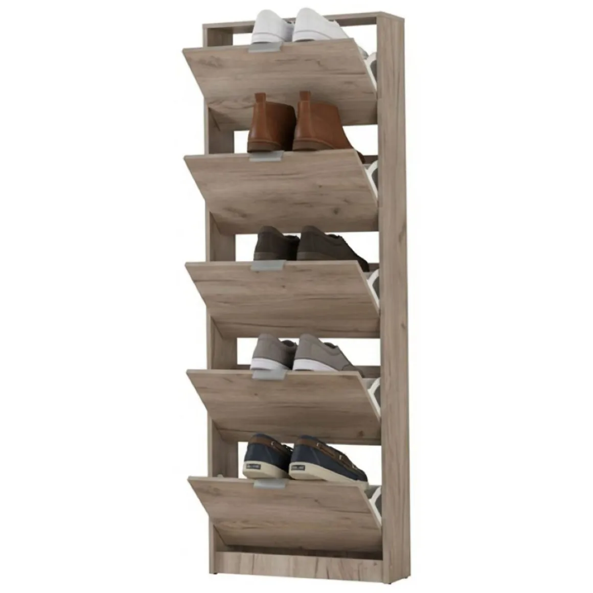 Scarpiera Marrone Rovere Grigio 10 Ripiani 5 Ante 67x28x191.5h cm, Maniglie Incluse - Sueglio