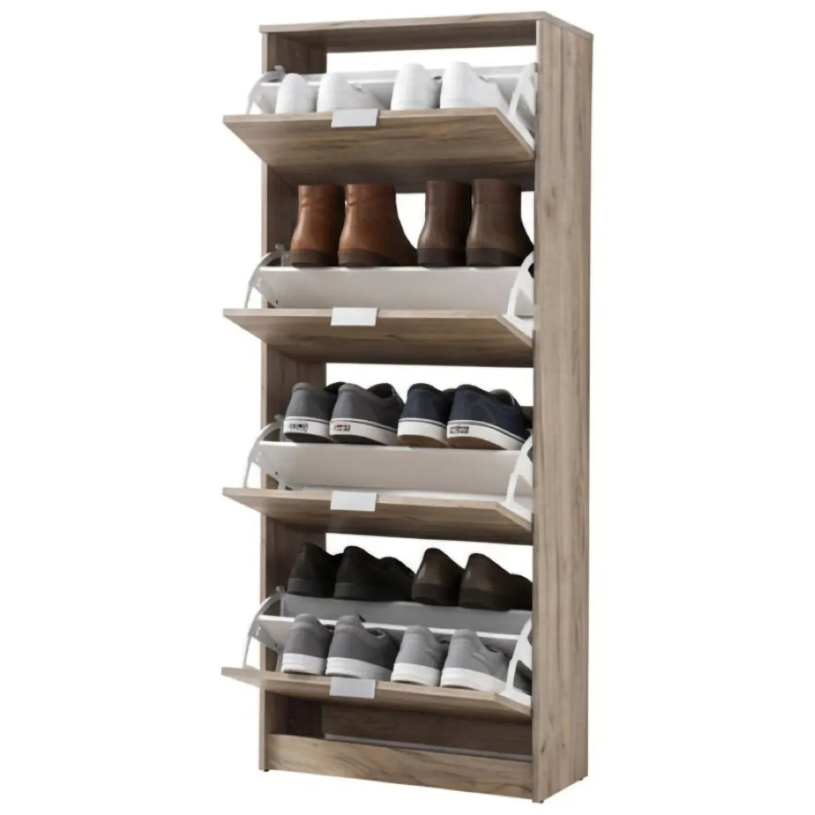 Scarpiera Marrone Rovere Grigio 8 Ripiani 4 Ante 67x28x155.5h cm, Maniglie Incluse - Santina