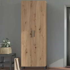 Scarpiera Marrone Rovere Nero 5 Ripiani 2 Ante 67.5x35x195h cm, kit Fissaggio a Muro Incluso - Ciminna