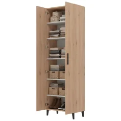 Scarpiera Marrone Rovere Nero 5 Ripiani 2 Ante 67.5x35x195h cm, kit Fissaggio a Muro Incluso - Ciminna