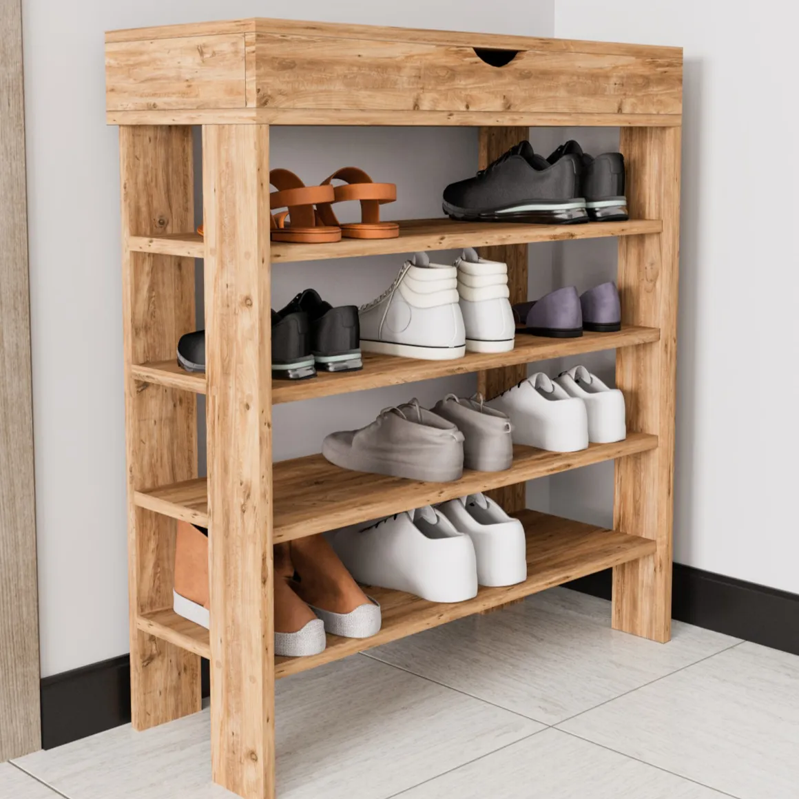 Scarpiera Marrone Rovere Nodi 5 Ripiani 12 Paia 80x30x90h cm, Un'anta - Monastero
