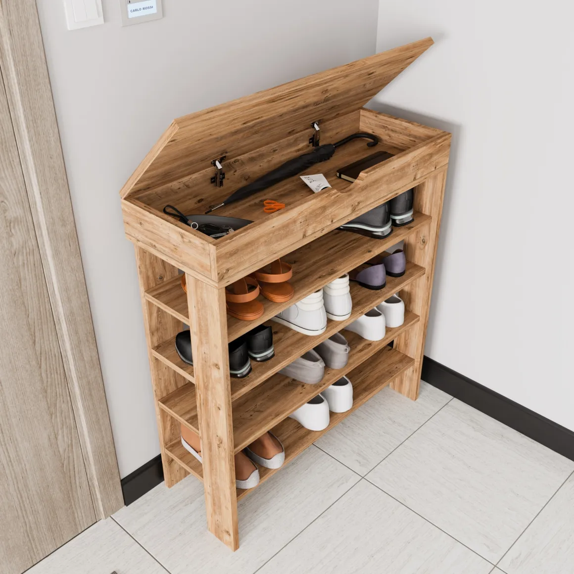 Scarpiera Marrone Rovere Nodi 5 Ripiani 12 Paia 80x30x90h cm, Un'anta - Monastero