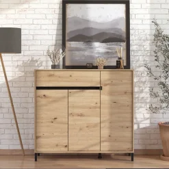 Scarpiera Marrone Rovere Nodi Nero un Cassetto 6 Ripiani 118.5x40x109.5h cm, 3 Ante - Orotelli